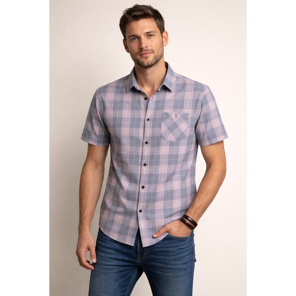 Flag & Anthem Shirt Mens XL Plaid Short Sleeve Gray Pink Casual Button Up